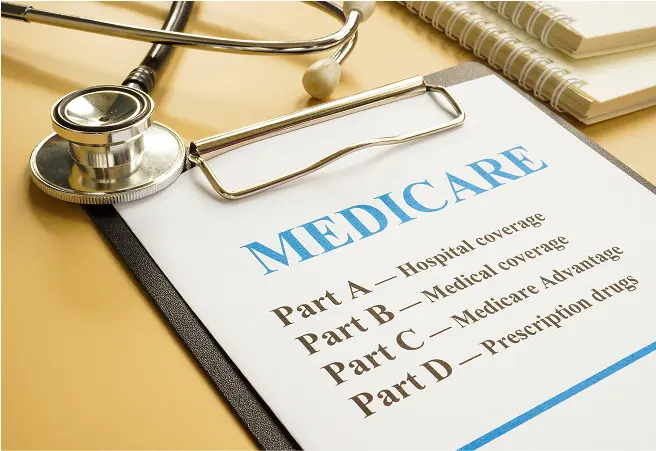 A Medicare document on a clipboard with a stethoscope resting on top, and a notebook in the background.